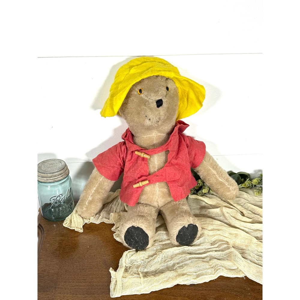 18" Paddington Bear 1970s medim Plush stuffed animal vintage felt‎ red toggle